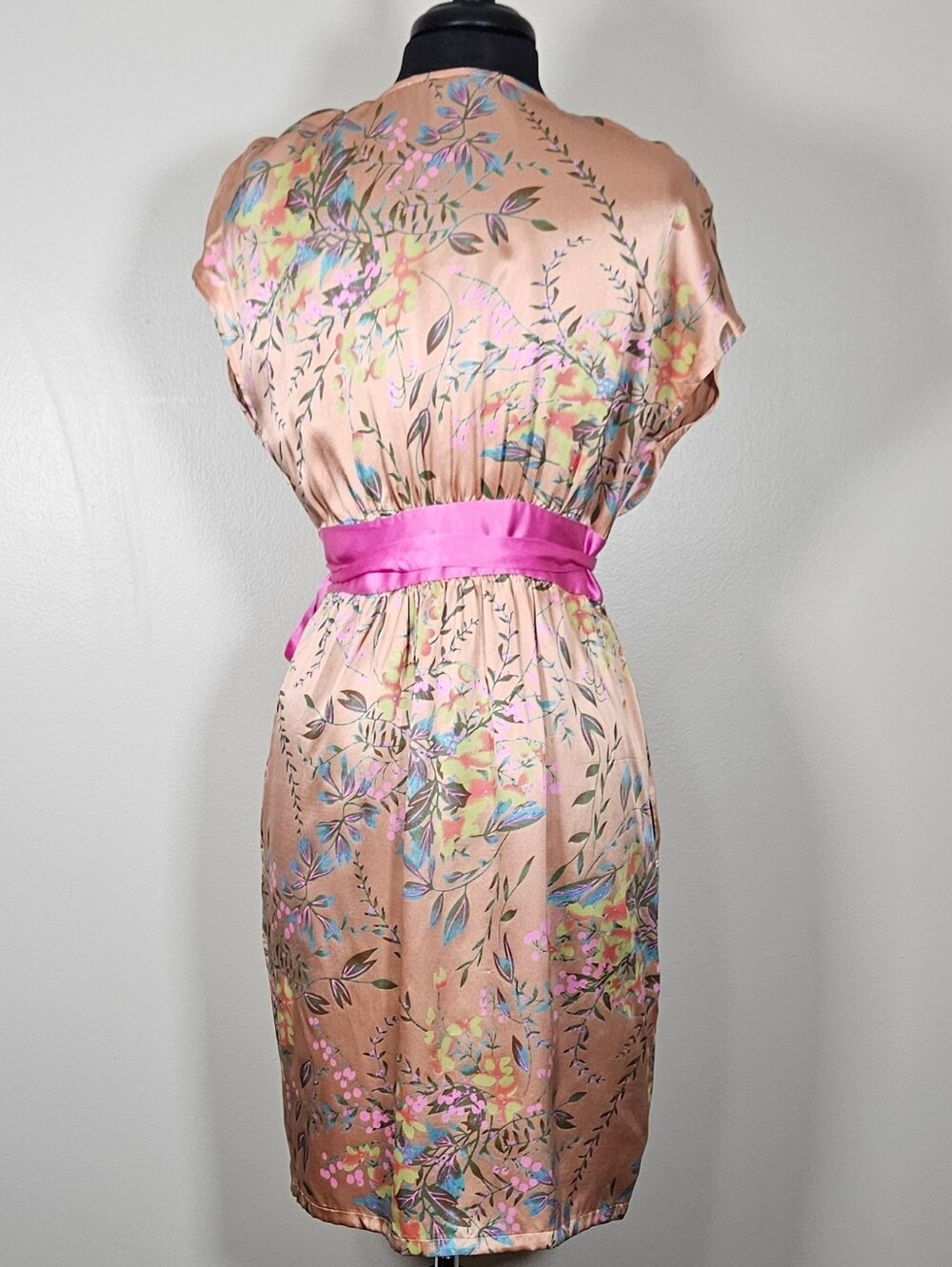 True Y2K Hype Silk Botanical Floral Boho Print Dress Front Wrap Waist Tie 8 - Picture 3 of 7